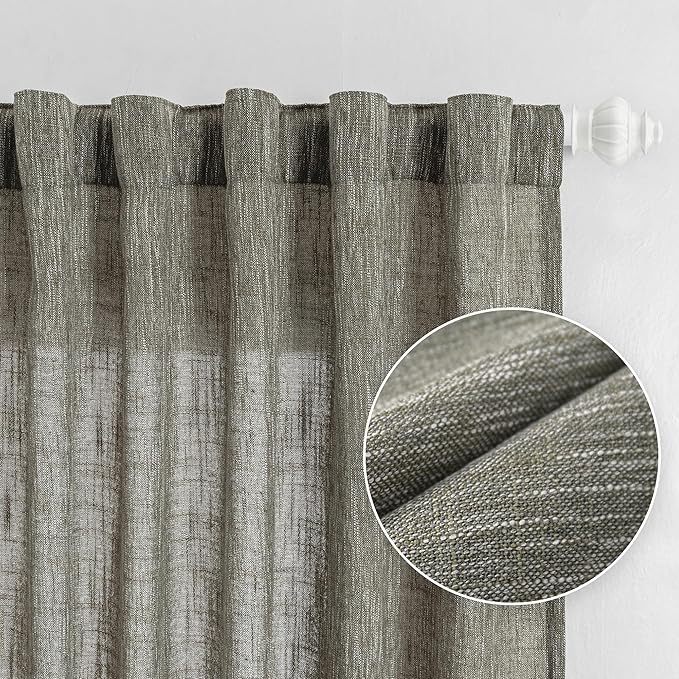 MYSKY HOME 90 Inches Long Living Room Curtains Farmhouse Light Filtering Privacy Curtain Drapes for Patio Door, Linen Look Texture Fabric Bohemian Draperies Soft Touch, 50x90, Olive Green, 2 Panels