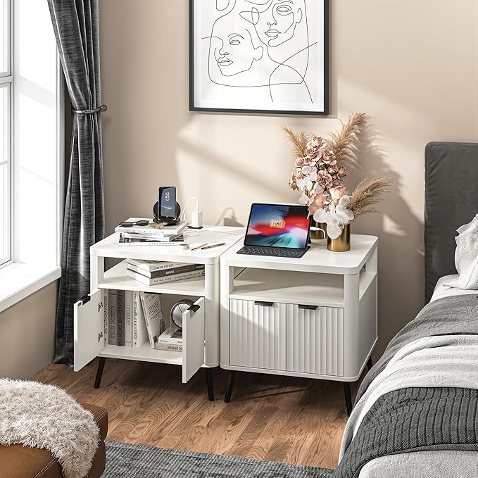 Nightstand Set of 2 with Charging Station, 24" End Table Side Table with Open Shelf, Modern Large Wood Fluted Bedside Cabinet for Bedroom, Living Room, White