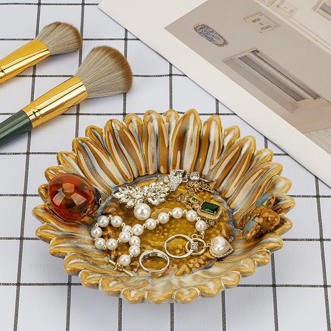 Sunflower Jewelry Dish Trinket Tray Ceramic Key Tray Bowl for Entryway Table, Sunflower Candy Dish Soap Holder Decorative Bowl for Home Decor Kitchen Sink Bathroom Counter (Bee, Ladybug)