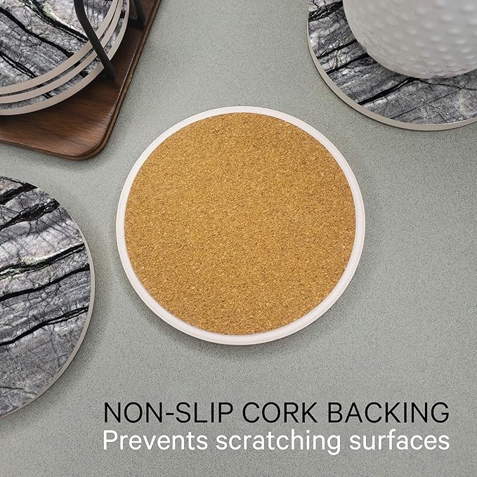 Emerson Coasters for Drinks Absorbent – Natural Stone Drink Coasters Set with Holder, Coasters for Coffee Table, Wooden Tabletop Protection Marble Style – 100% Heavy Duty Set of 6 (Obsidian)