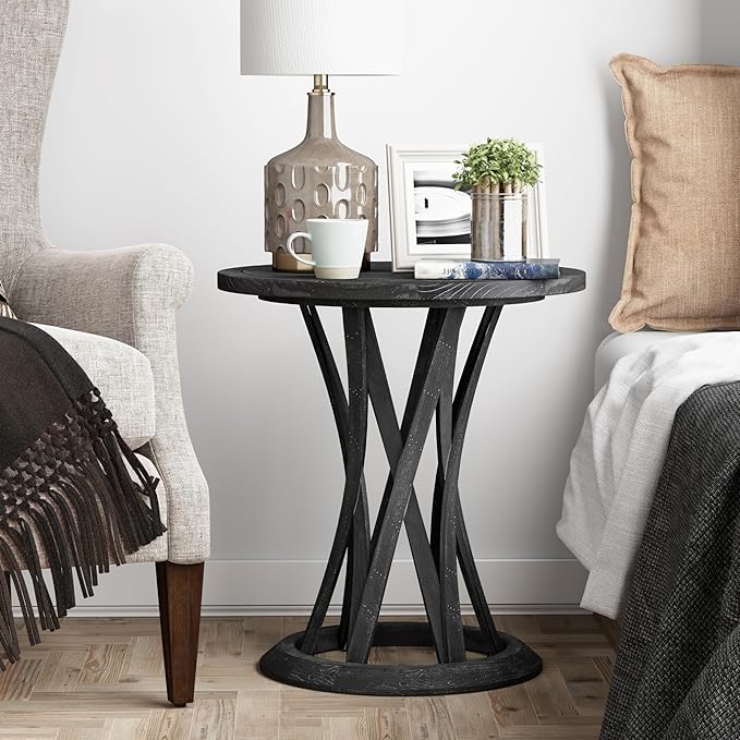 Round Farmhouse End Table with Crisscross Pedestal Base, Distressed Finish Side Table Rustic Accent Table for Living Room, Pine Wood, Black