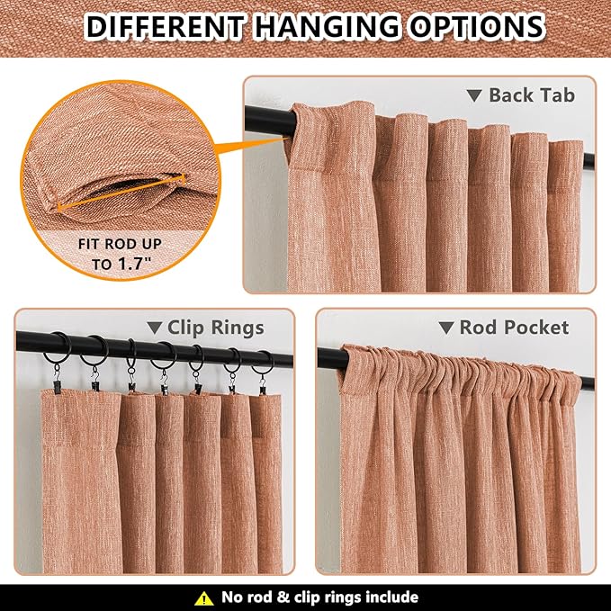 MYSKY HOME Orange Curtains for Bedroom, Short Curtains for Small Window, Boho Semi Sheer 2 Panel Set, Linen Style Texture for Closet/Kitchen, 50"x63", Burnt Orange