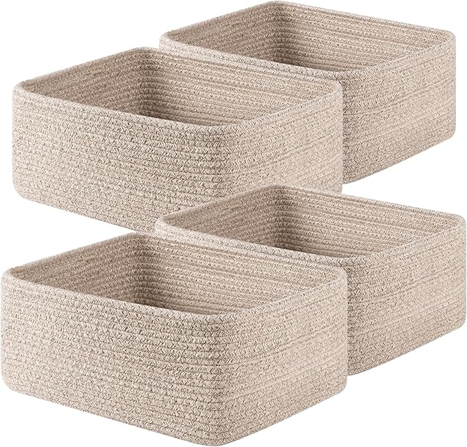 OIAHOMY 4 Pack 14.17*11.02*6.3IN Storage Baskets for Organizing Shelves, Woven Rope Baskets for Organizing Books, Clothes, Decorative Basket for Living Room, Nursery, Bedroom, Gift Basket, Brown