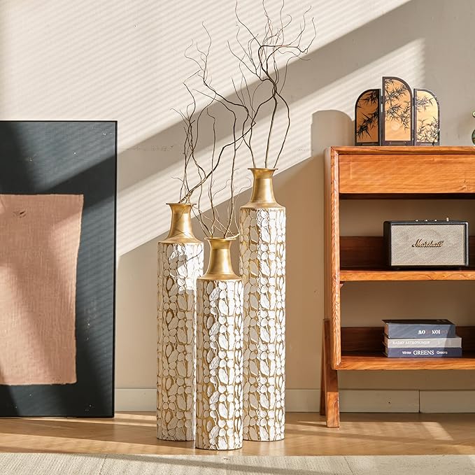 Medhansh Metal Floor Vase, Tall Floor Vase with Gold Twig Pattern, Antique White Finish (Set of 3)
