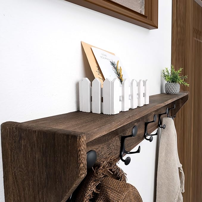SKOLOO Wall Shelf with Hooks, 24-Inch Weathered Brown Coat Rack Wall Mount with Shelf Organizer - Lightweight & Sturdy, 5 Tri Hooks - Perfect for Entryway, Hallway, Living Room, Bedroom, Mudroom