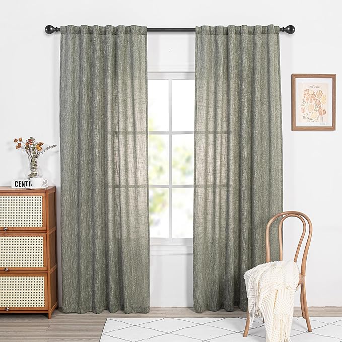 MYSKY HOME 90 Inches Long Living Room Curtains Farmhouse Light Filtering Privacy Curtain Drapes for Patio Door, Linen Look Texture Fabric Bohemian Draperies Soft Touch, 50x90, Olive Green, 2 Panels