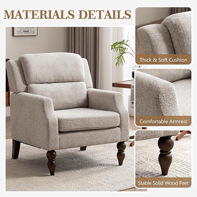 Kidol & Shellder Oatmeal Oversized Accent Chair for Living Room Mid Century Modern Reading Chair with Back Wide Upholstered Comfy Single Sofa Chair Bedroom Lounge Side Corner Boucle Fabric Armchair