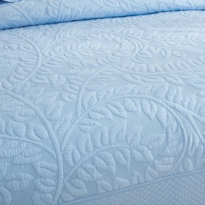 MarCielo 3-Piece 100% Cotton Oversized Bedspread Lightweight Quilt Coverlet Embroidery Farmhouse Bedding Set T0 (Light Blue, Twin (68"x86"))