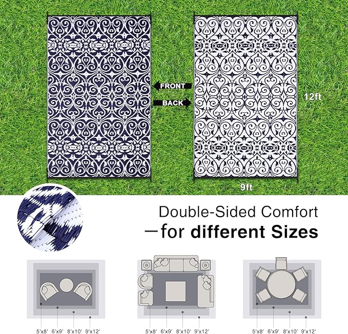 OLANLY Outdoor Rug Waterproof 9x12 ft Clearance, Reversible Outdoor Plastic Straw Rug with Floral Pattern, RV Mat for Patio, Camping, Balcony, Deck, Backyard, Navy & White