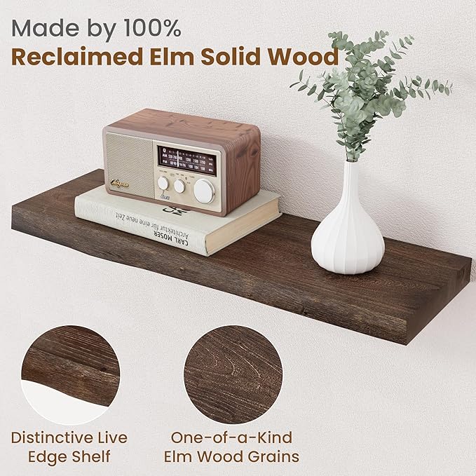 Floating Shelves for Wall Decor, Rustic Solid Elm Wood Live Edge Floating Shelves Wall Mounted, Wall Shelves with Invisible Bracket for Living Room Bathroom Bedroom Kitchen, 24 Inch Set of 2, Walnut