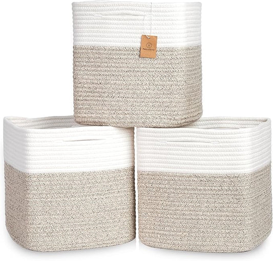 NaturalCozy 13 Inch Cube Storage Bins Cotton Rope Woven Baskets for Organizing 3-Pack | 13 x 13 Storage Cubes | Fabric Square Storage Baskets for Shelves Organizer, Kids Toy Bins, Closet Baby Nursery