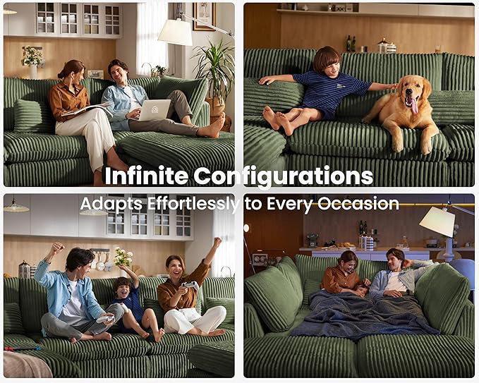 Oversized Modular Sofa, Extra Deep Cloud Corduroy Sectional Couch with Ottoman Chaise, Fluffy Chenille 6 Seat U-Shaped Sofa for Living Room, Villa (U Shape 6 Seater, Corduroy Green)