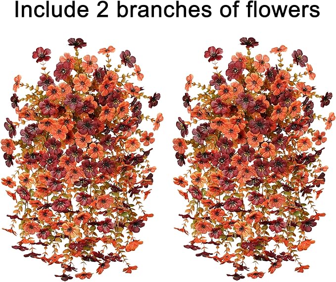 INSPRING Fake Autumn Flowers for Outdoors, 2Pcs Artificial Fall Light Orange & Brown Daisy Outside Decor, Fake Hanging Decoration, Realistic Plants, Silk Flower for Porch Patio Balcony Planter