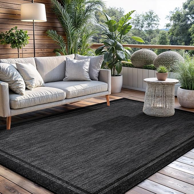 CAMILSON Indoor Outdoor Rug, 5x7 Bordered Dark Grey Black Modern Area Rugs for Indoor and Outdoor Patios, Kitchen and Hallway Mats, Washable Porch Deck Outside Carpet (Bordered Black, 5 x 7)