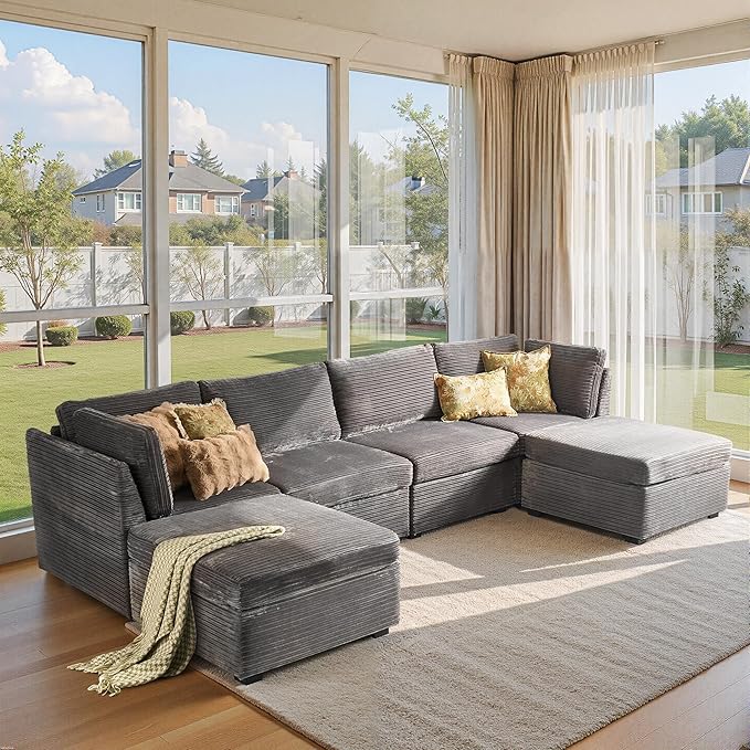 Modular Sectional Sofa, 130.7 Inch U Shaped Couch Set for Living Room, 4-Seater Comfy Cloud Couches with Two Movable Ottoman, Plush Corduroy, Gray