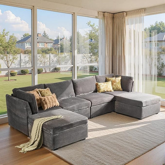 Modular Sectional Sofa, 130.7 Inch U Shaped Couch Set for Living Room, 4-Seater Comfy Cloud Couches with Two Movable Ottoman, Plush Corduroy, Gray