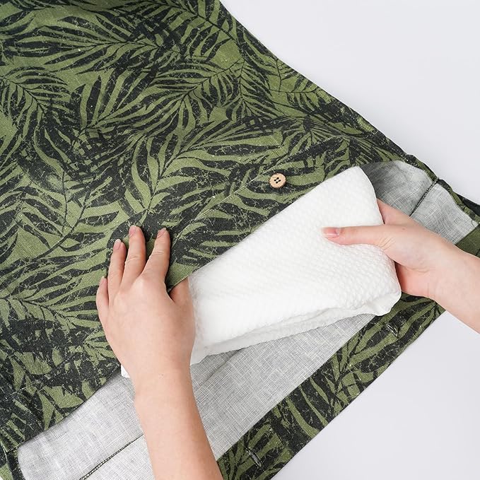 Linen Hanging Laundry Bag, 100% Linen Leaf Print Over The Door Laundry Hamper with Buttons and Zipper, Space Saving Door Hampers for Laundry Dirty Clothes Home Travel, Green, 19.7x27.5inches