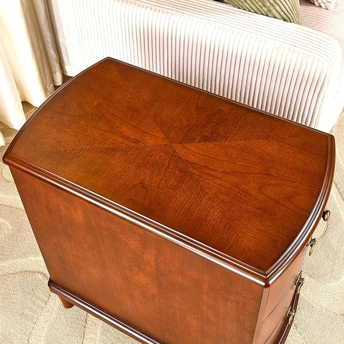 Set of 2 Solid Wood End Table with 3 Drawers, Fully Assembled Nightstand with Sliding Shelf, Pre-Assembled Vintage Wooden Beside Tables In Cherry Brown for Small Space,13.4*22.4*22.6in