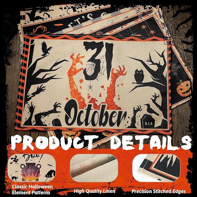 Umigy 6 Pcs Halloween Placemats 12"x18" Gothic Bat Placemats Kitchen Decoration Washable Witch Place Mats Rectangle Skull Table Mats for Halloween Dining Table Accessories(Classic)