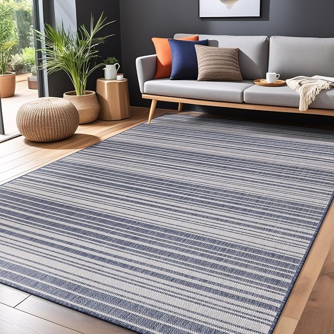 Stripe Outdoor Rug 10x14 Washable Outside Carpet for Indoor Patio Porch Waterproof Easy Cleaning Non Shedding Area Rugs Blue 10 x 14