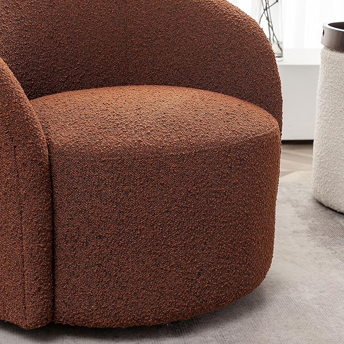 KINWELL 34" W Swivel Barrel Chair Set of 2, Mid Century Modern Round Upholstered Boucle Swivel Accent Chairs, No Assembly Sofa Chair for Living Room Bedroom Reading, Brown