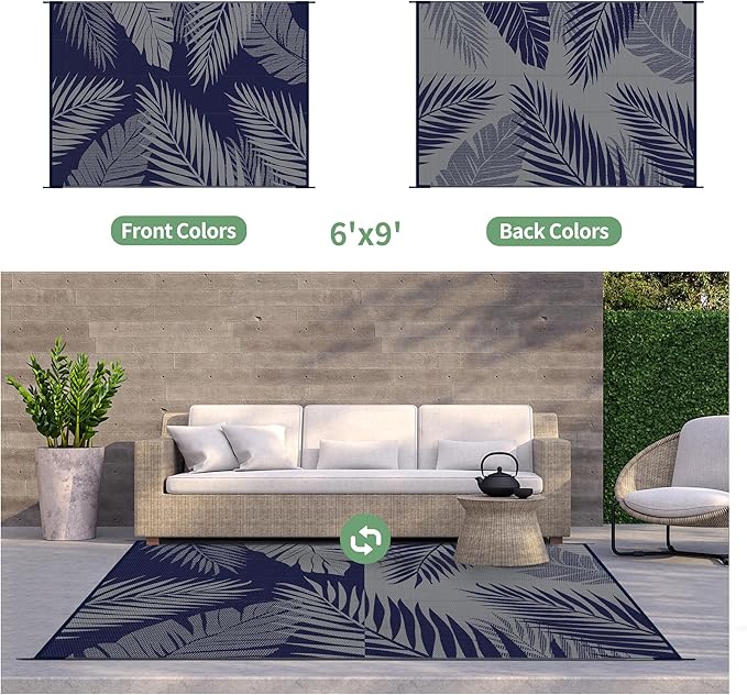 GENIMO Outdoor Rug 6' x 9' Waterproof for Patios Clearance, Reversible Outdoor Plastic Straw Camping Rug Carpet, Large Area Rugs Mats for RV, Camper, Deck, Balcony, Porch, Beach, Picnic Navy Blue&Grey