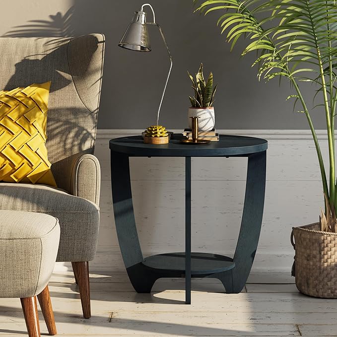 Rustic Farmhouse End Table with Storage Shelf, French Country Accent Side for Family, Dinning or Living Room, Small Spaces, Modern, Round, Vintage Blue Finish, Curved Leg