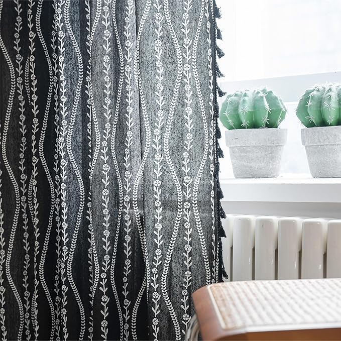 Sutuo Home Boho Curtains 84 Inches Long for Bedroom Living Room Nursery, Bohemian Vintage Tassels Window Treatment Drape for Halloween Decorations Rod Pocket, 1 Panel 59"W x 84"L,Black Stripe Floral