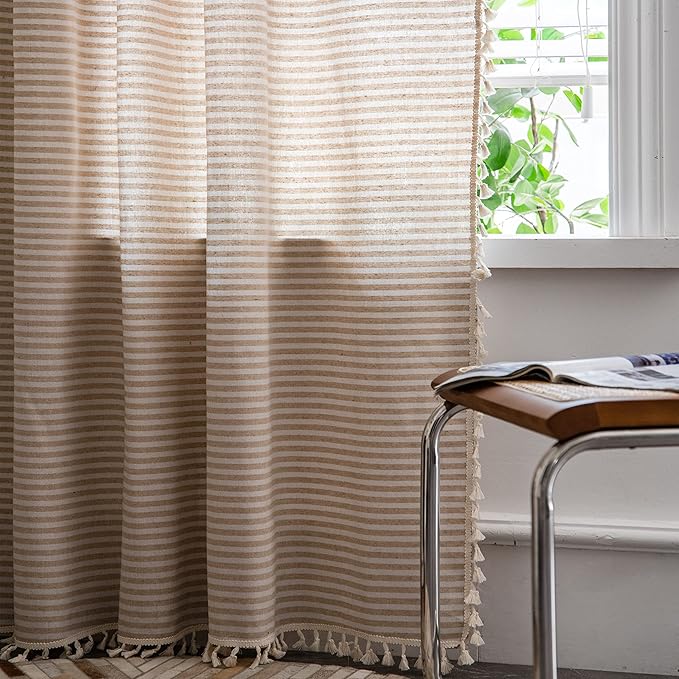 Sutuo Home Boho Curtain 84 Inches Length, Beige Stripes Print Curtain with Handmade Tassels, Rod Pocket Window Treatment Vintage Rustic Bohemian Farmhouse Drape for Bedroom 1 Panel 59" W x 84" L