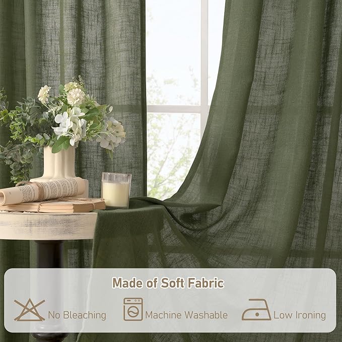 LAMIT Olive Green Linen Semi Sheer Curtains 45 Inch for Bedroom, Light Filtering Neutral Window Curtains Boho Bronze Grommet Christmas Decor Panels, 2 Panels, 52 x 45 Inch