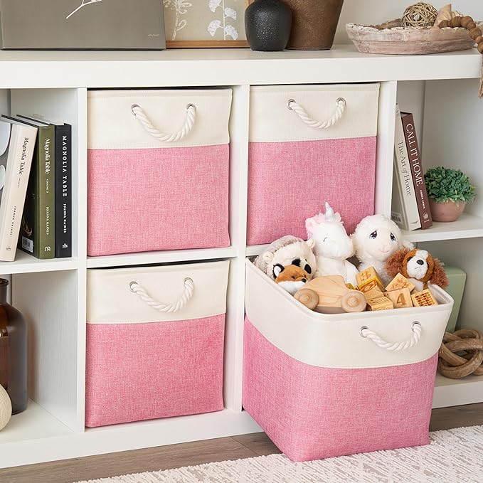 OrganiHaus 13x13 Cube Storage Bins 4 Pack, Foldable Cube Storage Organizer w/ Rope Handles, Collapsible Fabric Bins for Toys, Clothes & Closet Organization, Fabric Square Baskets - Pink/White
