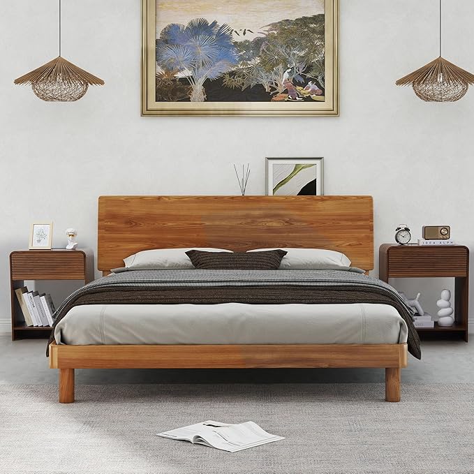 Fluted Nightstand Set of 2 with Charging Station, Modern Bed Side Table End Table with Drawer Storage, Large Wooden Night Stands Bedside for Bedroom Living Room Sofa Office, Walnut 2 Sets