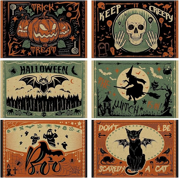 Umigy 6 Pcs Halloween Placemats 12"x18" Gothic Bat Placemats Kitchen Decoration Washable Witch Place Mats Rectangle Skull Table Mats for Halloween Dining Table Accessories(Scary)