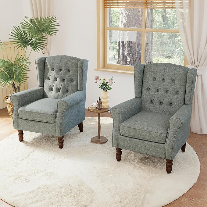 Lumibee High Back Accent Chair Set of 2,Upholstered Wingback Armchair with Solid Wood Legs for Small Spaces,Comfy Single Sofa Chair for Living Room,Bedroom,Office-Gray