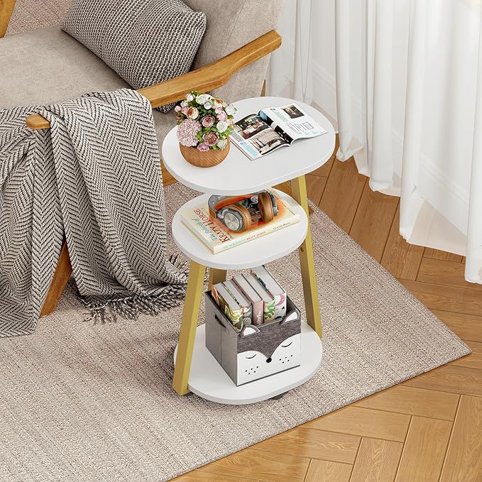 Side Table, Small End Table with Metal Frame, 3-Tier Bedside Tables, Round Side Tables for Living Room Bedroom Couch Bathroom, Oval, White