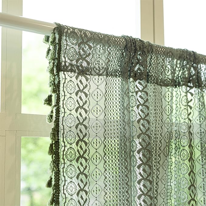 Sutuo Home Boho Valance Curtains for Kitchen Cafe,Crochet Lace Sheer Bohemian Hollow Knitted with Tassels, Privacy Vintage Rustic Farmhouse Drapes, Rod Pocket 1 Panel 59" W x 18" L, Olive Green