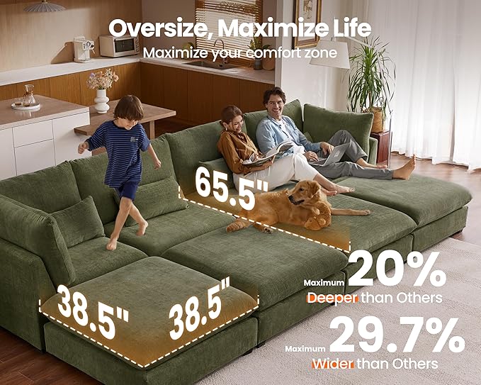 Oversized Modular Sofa, Extra Deep Cloud Corduroy Sectional Couch with Ottoman Chaise, Fluffy Chenille L-Shaped Sofas for Living Room, Villa (Sofa Bed 8 Seater, Chenille Green)