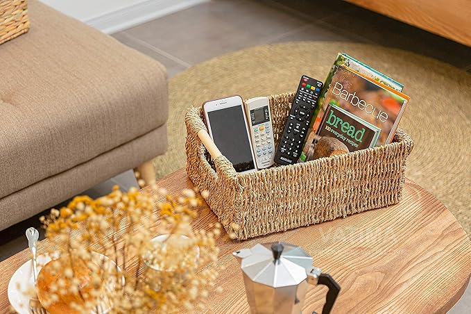 Natural Seagrass Storage Basket with Handle, Rectangular Woven Organizer Bin for Living Room or Shelf, Decorative Storage Basket, Medium Size 13.4 x 9.3 x 4.9 Inches