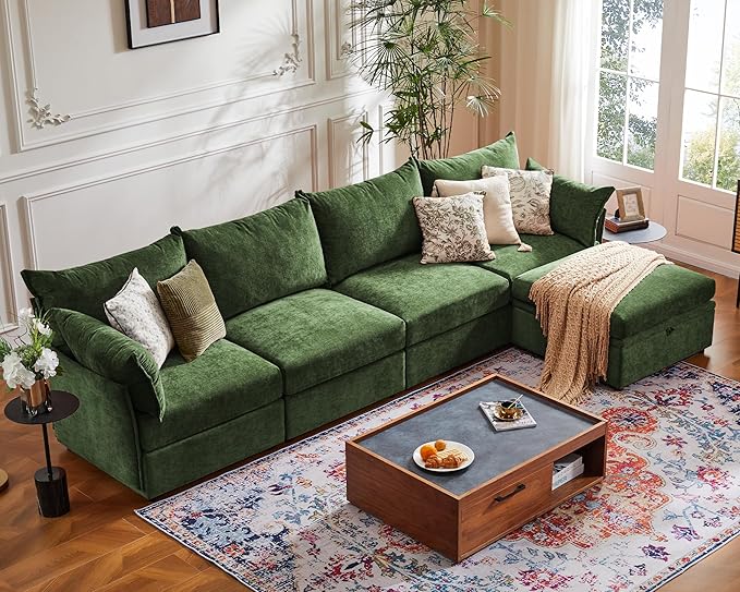 Oversized Loveseat Sofa, Modern Modular Sectional Couch Green Fluffy Chenille Mid Century 2-Seat 24.5" Deep Seat for Apartment, Living Room, Bedroom