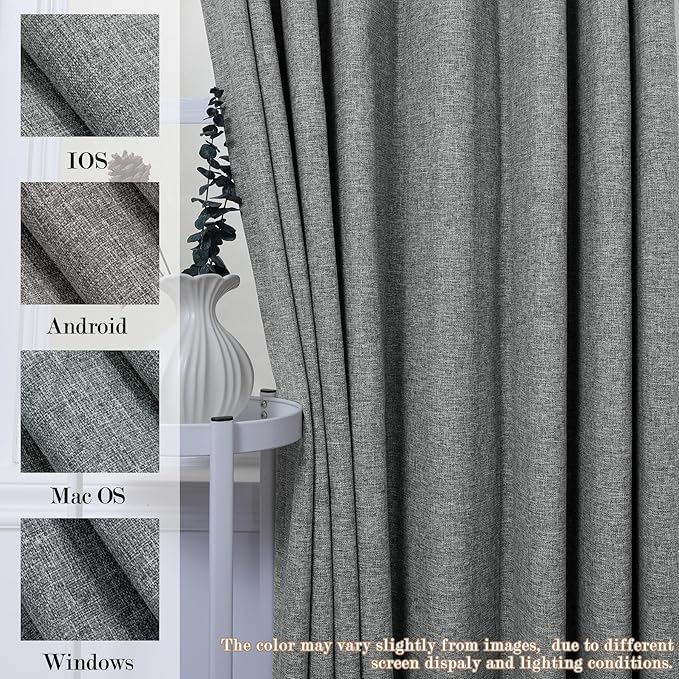Extra Wide 100% Blackout Linen Textured Curtains - Room Dividers, W200 x L84 (1 Panel), Pinch Pleat Drapes for Living Room, Full Light Block Out Drapery for Sliding Door, Mid Grey