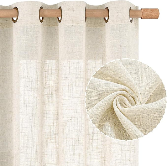 LAMIT Natural Ivory Linen Semi Sheer Curtains 84 inch Length, Cream Light Filtering Soft Thick Neutral Living Room Drapes with Bronze Grommet for Bedroom/Farmhouse, 2 Panels, 52 x 84 Inch