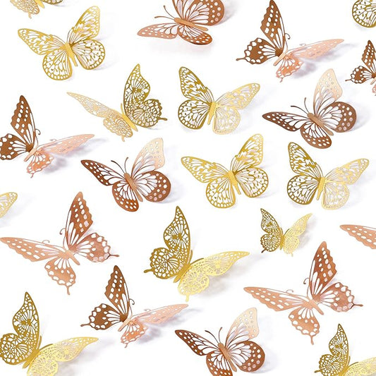 SAOROPEB 3D Butterfly Wall Decor, 48 Pcs 4 Styles 2 Color 3 Sizes, Removable Metallic Wall Sticker Room Mural Decals for Kids Bedroom Nursery Classroom Party Decoration (2 Color)