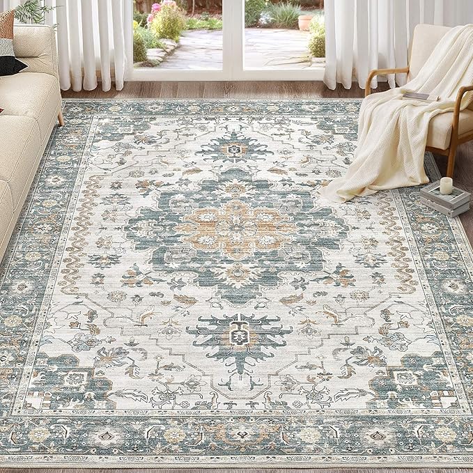 Washable Area Rugs for Living Room -9x12 Neutral Vintage Distressed Floral Farmhouse Boho Large Soft Floor Rug Indoor Non Slip Carpet for Living Room Bedroom Dining Room Office -Green/Grey