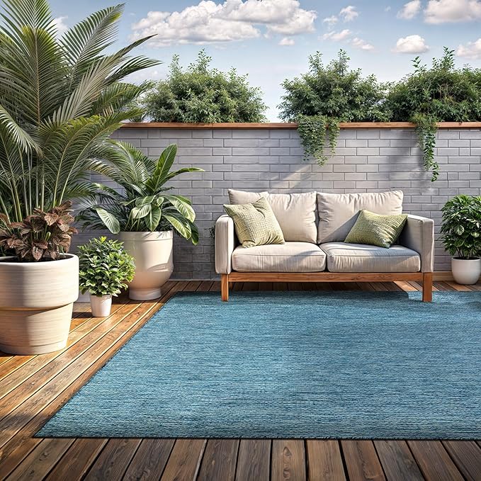 Washable Indoor Outdoor Rug 9x12 Weather Resistant Area Rugs Modern Solid for Porch Deck Balcony Backyard Patio Outside Carpet (9 X 12 Aqua Blue)