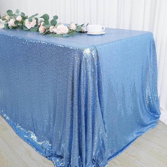 SquarePie Sequin Tablecloth 90 x 132 Inch Baby Blue Sparkly Table Linen for Wedding Party