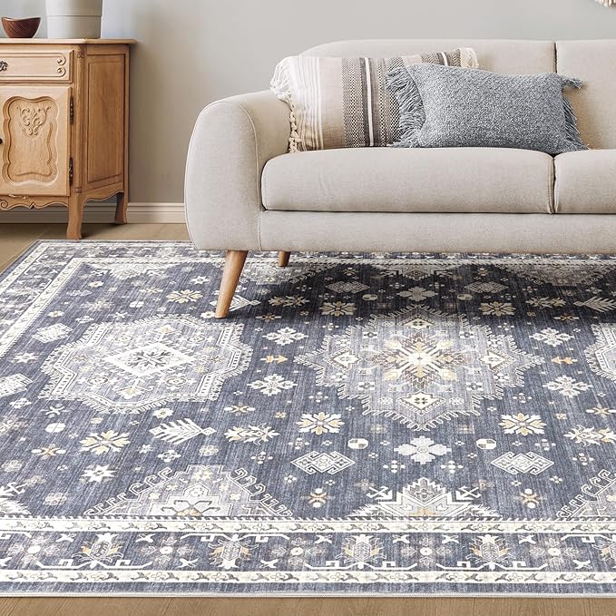 Washable Area Rugs for Living Room -10x14 Neutral Vintage Distressed Floral Farmhouse Boho Large Soft Floor Rug Indoor Non Slip Carpet for Living Room Bedroom Dining Room Office - Denim Blue/Grey