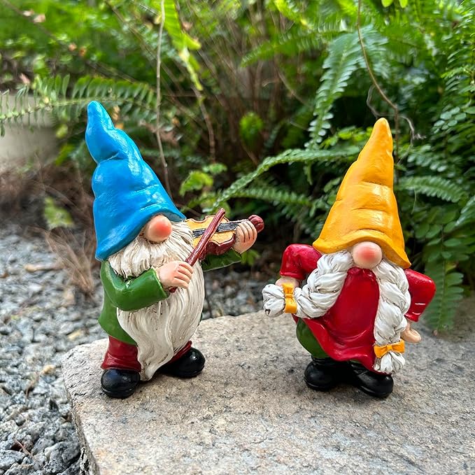 Garden Gnome Duo Decorative Figurines 5.5“ Ornament for Indoor Outdoor Home Garden Decor，Musical Violin Player and Dancing, Colorful Outdoor Statues, Set of 2