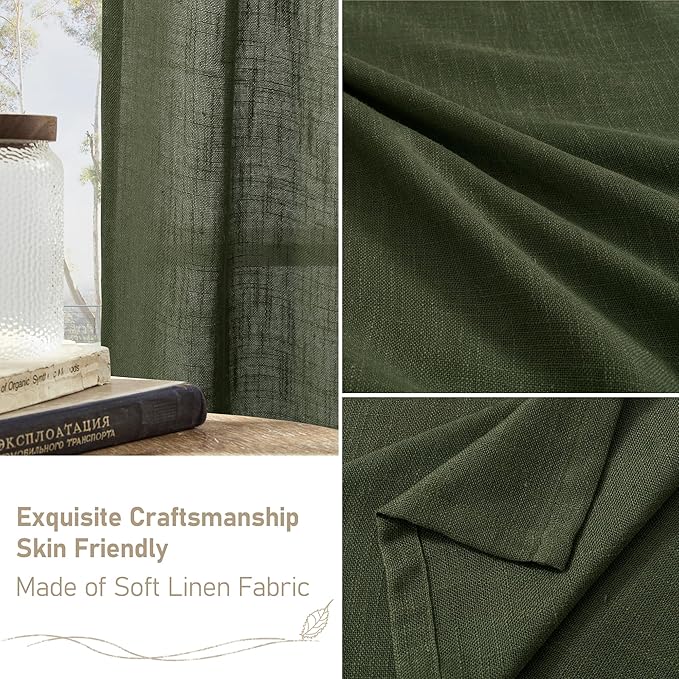 LAMIT Short Linen Curtains 36 Inch Length 2 Panels, Light Filtering Window Curtains Farmhouse Soft Bronze Grommet Panels for Bathroom/Small Windows/Cafe, Olive Green, 34 x 36 Inch