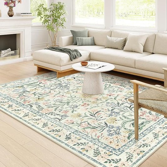 Wonnitar Large Washable 8x10 Rug, Boho Living Room Rug 8 x 10, Soft Floral Carpet for Bedroom Non Slip, Indoor Soft Beige Carpets for Dining Room Apartment Office