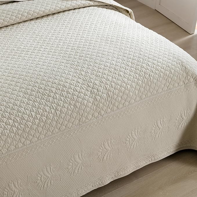 MarCielo 3-Piece 100% Cotton Oversized Bedspread Lightweight Quilt Coverlet Embroidery Farmhouse Bedding Set (TM Khaki Beige, Oversized King (118"x106"))